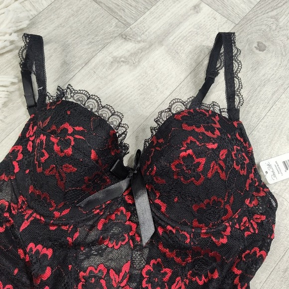 Nwts! Rene Rofe Women's Large Metalic Red & Black Lace Floral Lingerie With Bows - Picture 5 of 16